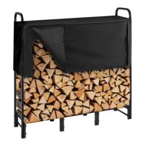 Estante de Almacenamiento de Leña 122 x 32 x 118 cm Marco de Metal con Recubrimiento en Polvo con Media Cubierta Soporte de Leña Carga de 181,4 kg para Chimenea, Terraza, Patio, Jardín, Negro