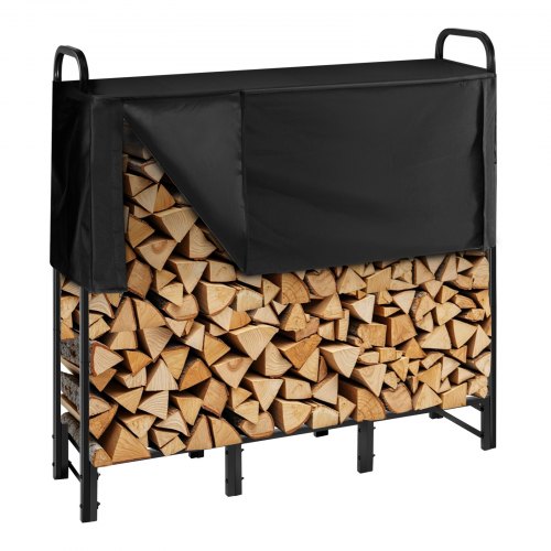 Estante de Almacenamiento de Leña 122 x 32 x 118 cm Marco de Metal con Recubrimiento en Polvo con Media Cubierta Soporte de Leña Carga de 181,4 kg para Chimenea, Terraza, Patio, Jardín, Negro