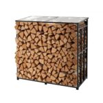 Estante de Almacenamiento de Leña 143 x 70 x 143 cm Marco de Metal con Recubrimiento en Polvo Panel de Techo Soporte de Leña Carga de 299,4 kg para Chimenea, Terraza, Patio, Jardín, Negro