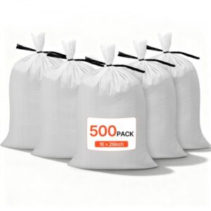 Sacos de Arena Vacíos con Cintas, Capacidad 22,6 kg, de Polipropileno Tejido, Resistentes al Desgarro y a los Rayos UV para Barreras de Protección contra Inundaciones, 400 x 660 mm, 500 uds