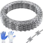 Alambre de Espino 45m 3 Rollos Alambre de Espino Galvanizado en Caliente Malla de Alambre Anti-Intrusión Doble Espiral Cuchillas de Púas Afiladas con Guantes Protectores para Hogar Jardín Balcón