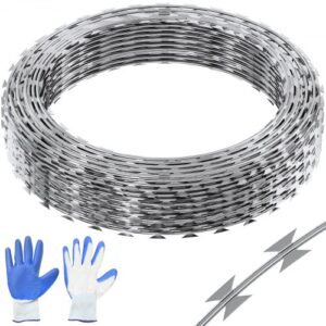 Alambre de Espino 45m 3 Rollos Alambre de Espino Galvanizado en Caliente Malla de Alambre Anti-Intrusión Doble Espiral Cuchillas de Púas Afiladas con Guantes Protectores para Hogar Jardín Balcón