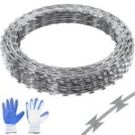Alambre de Espino 75 m 5 Rollos de Alambre de Espino Galvanizado en Caliente Malla de Alambre Protección Anti-Intrusión Cuchillas de Espino Afiladas con Guantes Protectores para Jardín, Balcón
