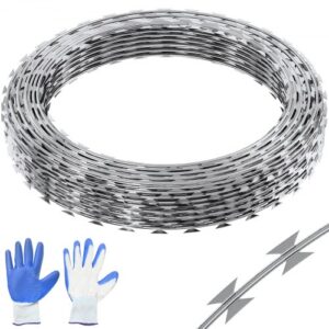 Alambre de Espino 75 m 5 Rollos de Alambre de Espino Galvanizado en Caliente Malla de Alambre Protección Anti-Intrusión Cuchillas de Espino Afiladas con Guantes Protectores para Jardín, Balcón