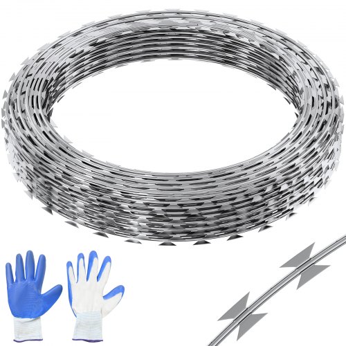 Alambre de Espino 75 m 5 Rollos de Alambre de Espino Galvanizado en Caliente Malla de Alambre Protección Anti-Intrusión Cuchillas de Espino Afiladas con Guantes Protectores para Jardín, Balcón