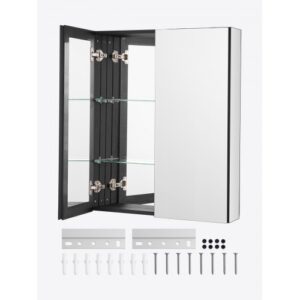 Botiquín con Espejo para Baño, 2 Puertas con Espejo y Estantes de Vidrio Ajustables, Instalación Empotrada y Montada en Pared, Aluminio, Organizador de Almacenamiento, 662 x 135 x 762 mm