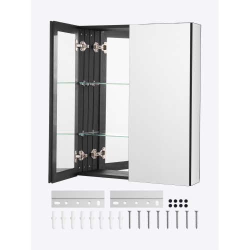 Botiquín con Espejo para Baño, 2 Puertas con Espejo y Estantes de Vidrio Ajustables, Instalación Empotrada y Montada en Pared, Aluminio, Organizador de Almacenamiento, 662 x 135 x 762 mm