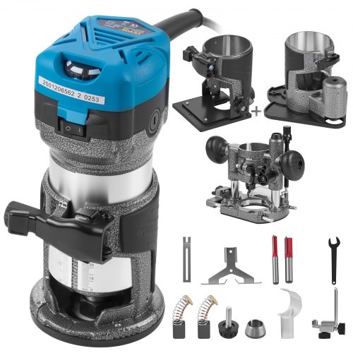 Kit de Enrutador Compacto de Arranque Suave de 710 W con Velocidad 10.000-30.000 RPM Fresadora de Madera Rebajadora Eléctrica multifunción con base de refrigeración y base inclinada y base Offset