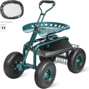Asiento de Jardín con Ruedas Taburete de Jardinería Giratorio de 360° con Ruedas Inflables Carro de 25,4cm con Asiento 760x450x960 mm Mango Extensible Bandeja de Herramientas para Patio Exterior