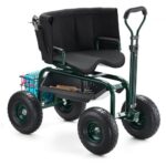 Carrito Asiento Giratorio de 360° de Jardín con Ruedas Altura Ajustable Asa Extensible Soporta hasta 181 kg con Respaldo Ergonómico Espacio para Guardar Herramientas para Trabajo de Jardinería