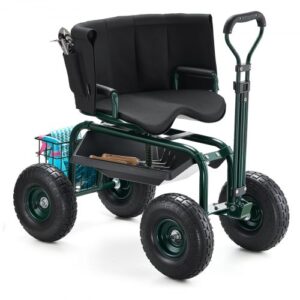 Carrito Asiento Giratorio de 360° de Jardín con Ruedas Altura Ajustable Asa Extensible Soporta hasta 181 kg con Respaldo Ergonómico Espacio para Guardar Herramientas para Trabajo de Jardinería