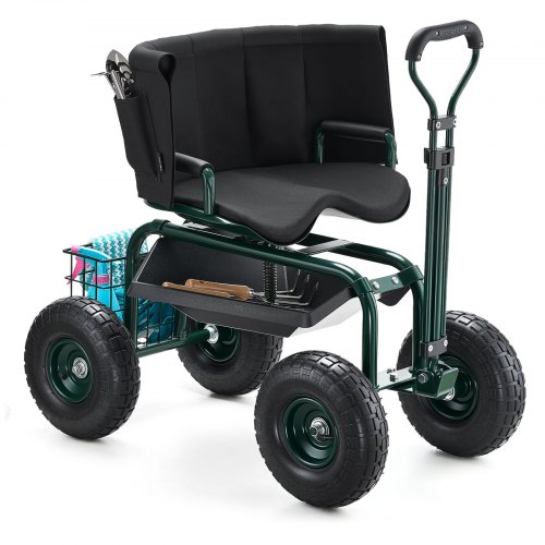 Carrito Asiento Giratorio de 360° de Jardín con Ruedas Altura Ajustable Asa Extensible Soporta hasta 181 kg con Respaldo Ergonómico Espacio para Guardar Herramientas para Trabajo de Jardinería