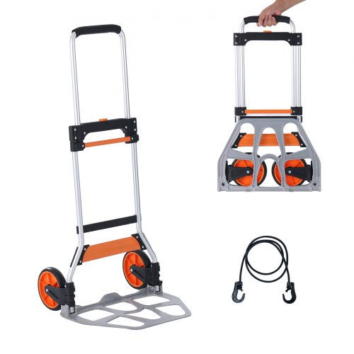 Carretilla de Mano Plegable de Aluminio Carga de 125 kg Carro de Mano de Alta Resistencia con Ruedas de Goma Mango Telescópico para Transporte Doméstico, Mercancías de Almacén Supermercado