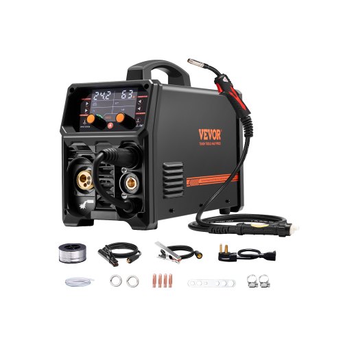 Soldador Pro MIG 250 A, Máquina de Soldadura Sinérgica 5 en 1 MIG a Gas/MIG con Núcleo Fundente/STick/Lift TIG/MIG PLUSE con Tecnología de Inversor IGBT y Pantalla LCD, 430 x 180 x 320 mm