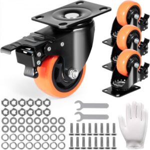 Juego de 4 ruedas giratorias para muebles industriales, ruedas silenciosas de PVC de 76,2 mm con freno de bloqueo A/B, capacidad de carga de 113 kg por rueda para carros de banco de trabajo