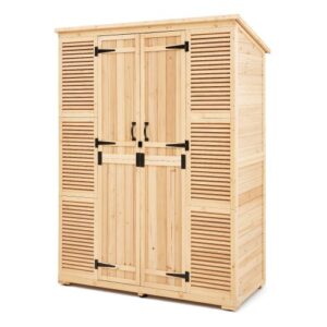 Cobertizo de Almacenamiento para Exteriores 147,3 x 68 x 198 cm Cobertizo de Madera para Almacenamiento con Marco de Metal Gabinete de Almacenamiento Impermeable para Patio, Jardín, Césped