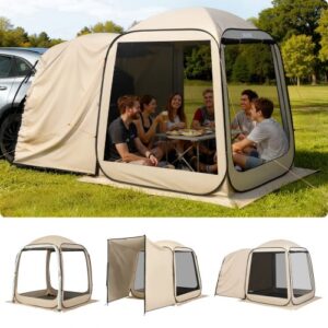 Tienda de Campaña con Mosquitera, 1825 x 1825 x 2200 mm, 4-6 Personas, Plegable, para Portón Trasero SUV, con Bolsa de Transporte, Laterales de Malla, para Actividades al Aire Libre, Beige