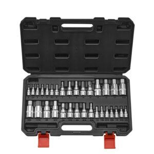 32 PCS Juego de Vasos Hexagonales, Acero de Aleación S2 y Acero Cr V, SAE Estándar y Métrico, Impulsores de 1/4", 3/8" y 1/2", con Estuche de Almacenamiento, para Reparación Mecánica de Coches