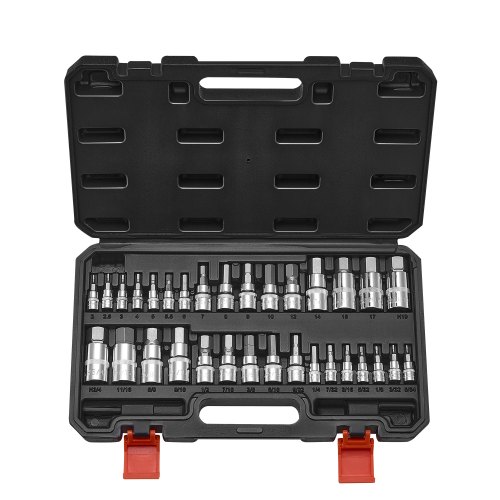 32 PCS Juego de Vasos Hexagonales, Acero de Aleación S2 y Acero Cr V, SAE Estándar y Métrico, Impulsores de 1/4", 3/8" y 1/2", con Estuche de Almacenamiento, para Reparación Mecánica de Coches