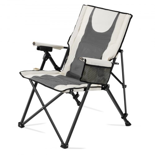 Silla Plegable de Camping con Respaldo Alto, Silla de Camping Plegable 3 Posiciones Reclinables, con Bolsillo Lateral y Portavasos, 580 x 830 x 1040 mm, para Playa, Pesca, Caza, Beige y Gris