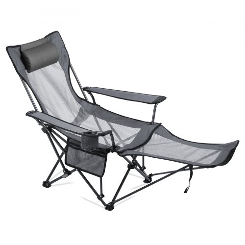 Silla de Camping Plegable, 4 Posiciones Ajustables, Silla Reclinable y Portátil con Reposapiés y Reposacabezas, Tejido de Malla, Capacidad de Carga de 100 kg, para Playa y Patio, Gris
