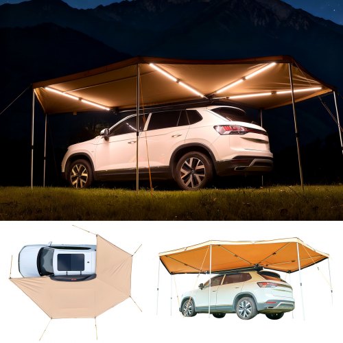 Toldo de 270 Grados con Luces LED Integradas, para Vehículo de 10,9 m², Impermeable con Protección UV50+, para Todo Tipo de Clima, Ideal para Acampar en Camionetas SUV, 5,70 x 3,87 x 2,10 m