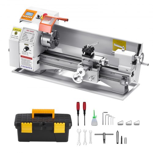 VEVOR Torno de Metal, 220 x 450 mm Velocidad Variable 2500 RPM, 1250 W Torno de Banco con Alimentación Automática, Sistema de Roscado Electrónico, para Mecanizar Metales Blandos, Acrílico, Plástico
