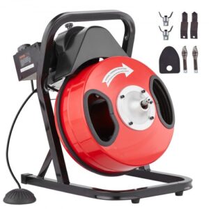 Desbloqueador de Tuberías Eléctrico Máquina de Limpieza de Tuberías 12m x 1,27cm Limpiador Manual de Tubos de Drenaje con 4 Cortadores Accionado por Pie Neumático para Tuberías de 5-10 cm