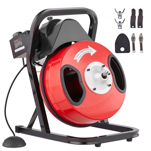 Desbloqueador de Tuberías Eléctrico Máquina de Limpieza de Tuberías 12m x 1,27cm Limpiador Manual de Tubos de Drenaje con 4 Cortadores Accionado por Pie Neumático para Tuberías de 5-10 cm