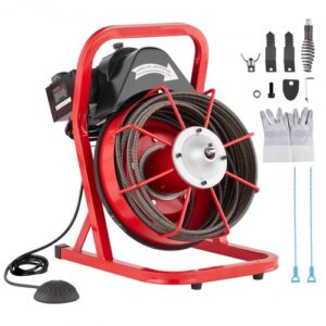 Desbloqueador de Tuberías Eléctrico Máquina de Limpieza de Tuberías 12m x 0,95cm Limpiador de Tubos de Drenaje Manual con 4 Cortadores Accionamiento por Pie Neumático para Tuberías de 5-10 cm