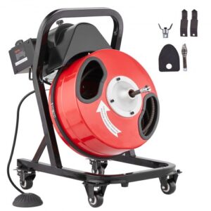 Desbloqueador de Tuberías Eléctrico Máquina de Limpieza de Tuberías 15m x 1,27cm Limpiador Manual de Tubos con Ruedas 4 Cortadores Accionado por Pie Neumático para Tuberías de 5-10 cm