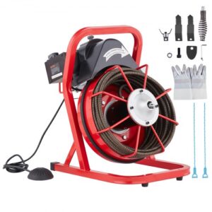 Desbloqueador de Tuberías Eléctrico Máquina de Limpieza de Tuberías 12m x 1,27cm Limpiador Manual de Tubos 250 W con 4 Cortadores Accionado por Pie Neumático para Tuberías de 5-10 cm