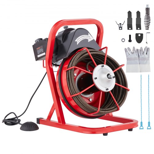 Desbloqueador de Tuberías Eléctrico Máquina de Limpieza de Tuberías 12m x 1,27cm Limpiador Manual de Tubos 250 W con 4 Cortadores Accionado por Pie Neumático para Tuberías de 5-10 cm