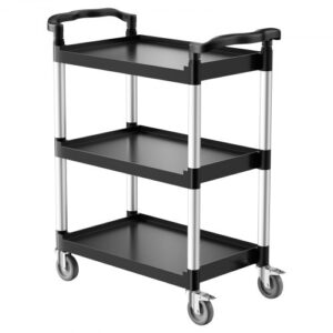 Carrito Multiusos, Carga de 136 kg, Carrito Multiusos de Plástico 880 x 410 x 990 mm de 3 Niveles con Ruedas Giratorias de 360° (2 con Frenos), para Almacén, Restaurante, Cocina, Negro