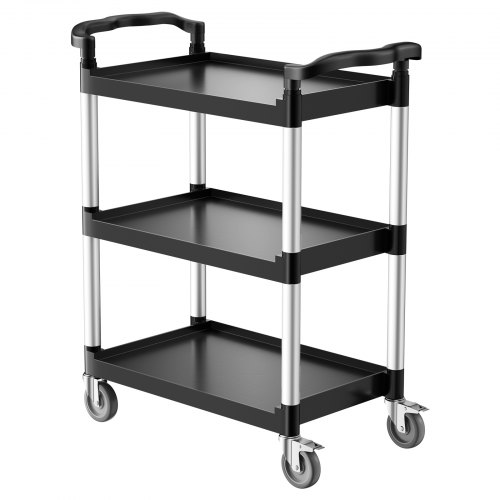 Carrito Multiusos, Carga de 136 kg, Carrito Multiusos de Plástico 880 x 410 x 990 mm de 3 Niveles con Ruedas Giratorias de 360° (2 con Frenos), para Almacén, Restaurante, Cocina, Negro