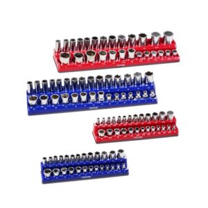VEVOR Kit de Organizador de Dados Magnéticos, 4 Bandejas de Dados Métricos y SAE 1/4'', 3/8'' con Etiquetas Transparentes, Capacidad de 108 Dados Estándar y Profundos (No Incluidos), Azul y Rojo