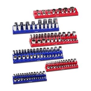 Kit de Organizador de Dados Magnéticos, 6 Bandejas de Dados Métricos y SAE 1/4'', 3/8'', 1/2'' con Etiquetas Transparentes, Capacidad de 143 Dados Profundos Estándar (No Incluidos), Azul y Rojo
