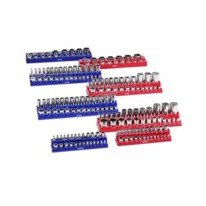 VEVOR Kit de Organizador de Dados Magnéticos, 8 Bandejas de Dados Métricos y SAE 1/4'', 3/8'', 1/2'' con Etiquetas Transparentes, Capacidad de 199 Dados Profundos Estándar (No Incluidos), Azul y Rojo