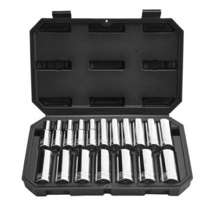 Juego de Llaves de Vaso de 18 Piezas, con Entrada de 12,7 mm, Sistema Métrico de 10 a 27 mm, con Estuche, Marcas Claras, de Acero de Aleación CR-V Cromado, para Reparación de Automóviles