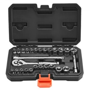 Juego de Vasos 6,4 mm, SAE y Métrico, con Barra de Extensión de Llave de Trinquete y Estuche de Almacenamiento, Acero Aleación CR-V, 27 uds, a Reparación de Automóviles, 215 x 136 x 50 mm