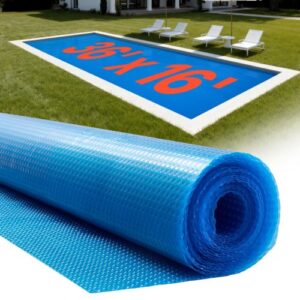 Cubierta Solar para Piscina Rectangular, 10,97 x 4,88 m, con Material de Burbujas y PE, Absorción de Calor Durante el Día, Retención de Calor Durante la Noche, 0,3 mm de Grosor, Color Azul
