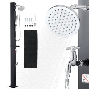 Ducha Solar 40 Litros 205 cm, Ducha Solar Exterior con Grifo y Rociador de Mano, Cabezal Giratorio 360° Ajuste de Agua Fría y Caliente Máx. 60 °C, PVC Reforzado, para Piscina Patio Playa, Negro