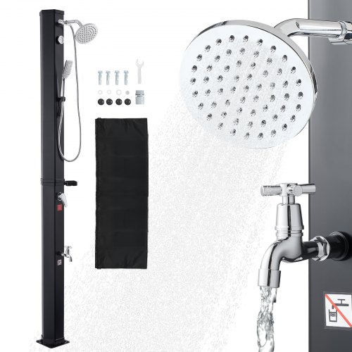 Ducha Solar 40 Litros 205 cm, Ducha Solar Exterior con Grifo y Rociador de Mano, Cabezal Giratorio 360° Ajuste de Agua Fría y Caliente Máx. 60 °C, PVC Reforzado, para Piscina Patio Playa, Negro