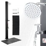 Ducha Solar 35 Litros 195 cm, Ducha Solar Exterior con Suelo y Grifo de Pedal, Cabezal Giratorio 360° Ajuste de Agua Fría y Caliente hasta 60 °C, PVC Reforzado, para Piscina Jardín Playa, Negro