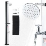 Ducha Solar 35 L 195 cm, Ducha Exterior Solar con Grifo y Porta Jabones, Cabezal Giratorio 360° Ajuste de Agua Fría y Caliente Máx. 60 °C, PVC Reforzado, para Piscina Patio Playa, Negro Plateado