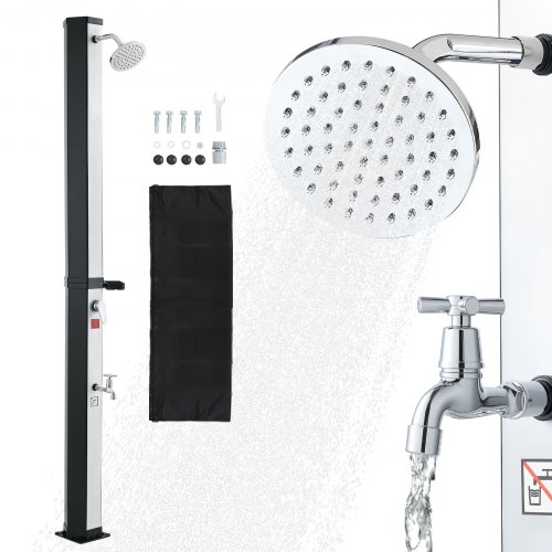 Ducha Solar 35 L 195 cm, Ducha Exterior Solar con Grifo y Porta Jabones, Cabezal Giratorio 360° Ajuste de Agua Fría y Caliente Máx. 60 °C, PVC Reforzado, para Piscina Patio Playa, Negro Plateado