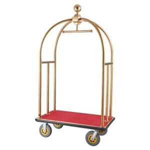 Carro de Equipaje para Hotel, Carga de 680 kg, Carrito de Botones con Montantes Curvos, Plataforma Alfombrada Roja y Ruedas de Goma para Hoteles, Condominios y Complejos Turísticos, Dorado