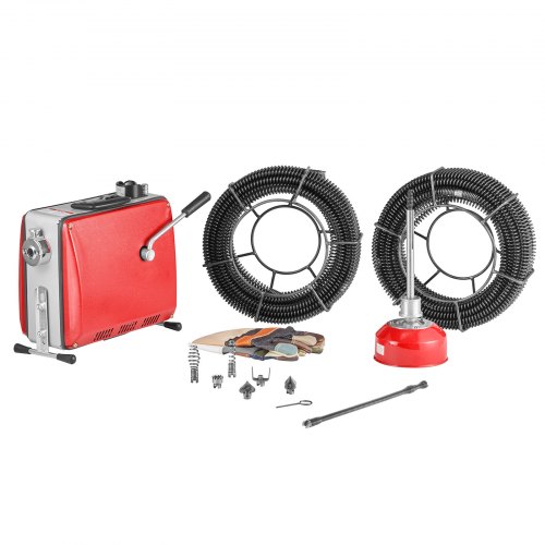 Desatascador de Tuberías Eléctrico 500 W 1400 RPM con Cable de Resorte de 40 m x 16 mm, 0,4 m x 12 mm, 5 m x 9,5 mm y 6 Cabezales de Limpieza, Apto para Tuberías de 50 a 110 mm de Diámetro