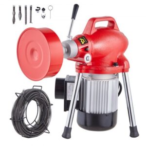 Desbloqueador de Tuberías 250 W Máquina de Limpieza de Tubos 20m x 16mm Limpiador Manual de Tubos 7 Cortadores 2 Cables de Acero 20m x 16mm/4,6m x 9,5mm Control CW/CCW para Tuberías de 4-10 cm