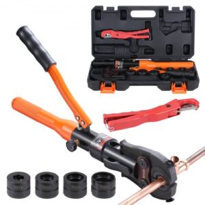 Herramienta de prensado hidráulica de tuberías para accesorios de tubos de cobre, alicates de prensado con mordazas de cambio rápido TH16, TH20, TH26, TH32, kit de prensa giratorio de 360° para espacios reducidos Accesorios en T accionados hidráulicamente